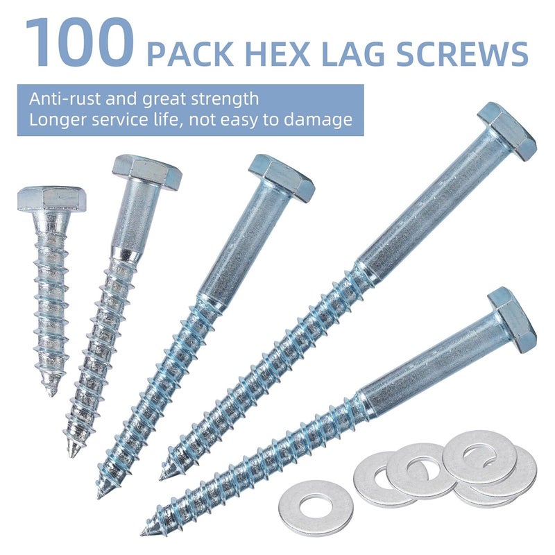 AiVeUao 100 Pack Wood Lag Screws, 3/8" x 3" Hex Head Lag Bolts, Heavy Duty Hex Head Lag Screws, Wood Screw with Washers - Image 5
